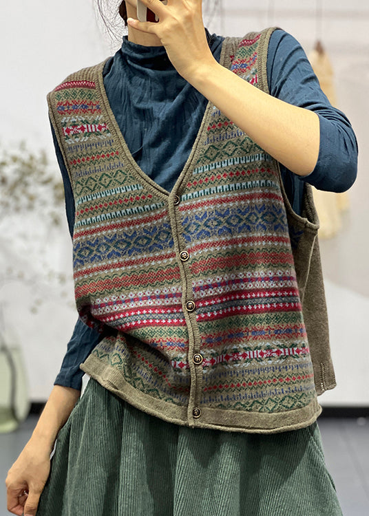 Green V Neck Button Cotton Knit Waistcoat Sleeveless