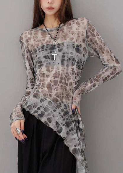 French Grey Leopard Asymmetrical Tie Dye Tulle T Shirts Fall