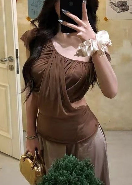 Brown Asymmetrical Cold Shoulder Tulle Top Summer