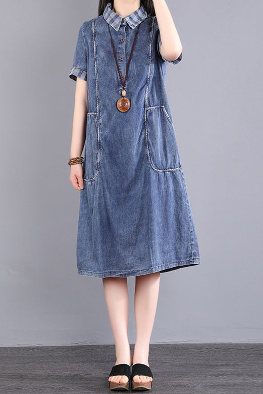 - Summer Blue Short Sleeve Long Denim Dress