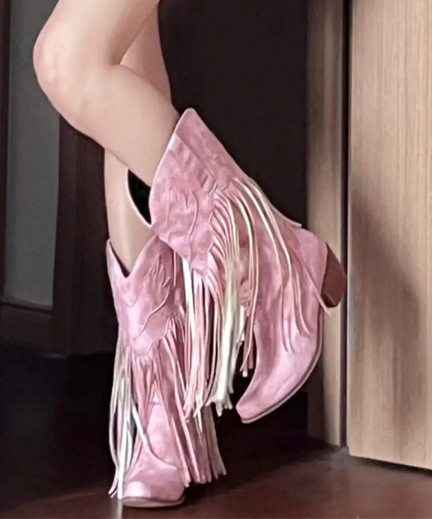 European and American Style Pink Tassel Splicing Chunky Boots Pointed Toe