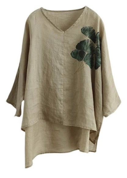 Coffee Green V Neck Print Patchwork Linen Shirts Half Sleeve