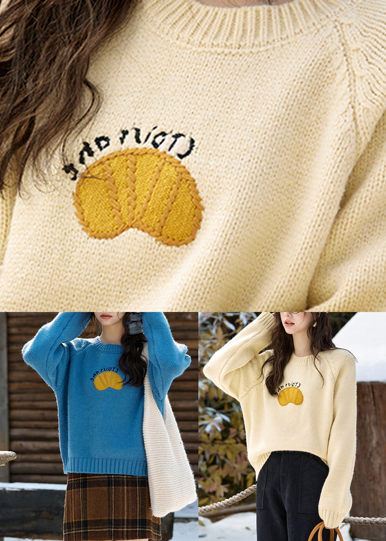 Yellow Print Thick Cotton Knit Sweaters Long Sleeve