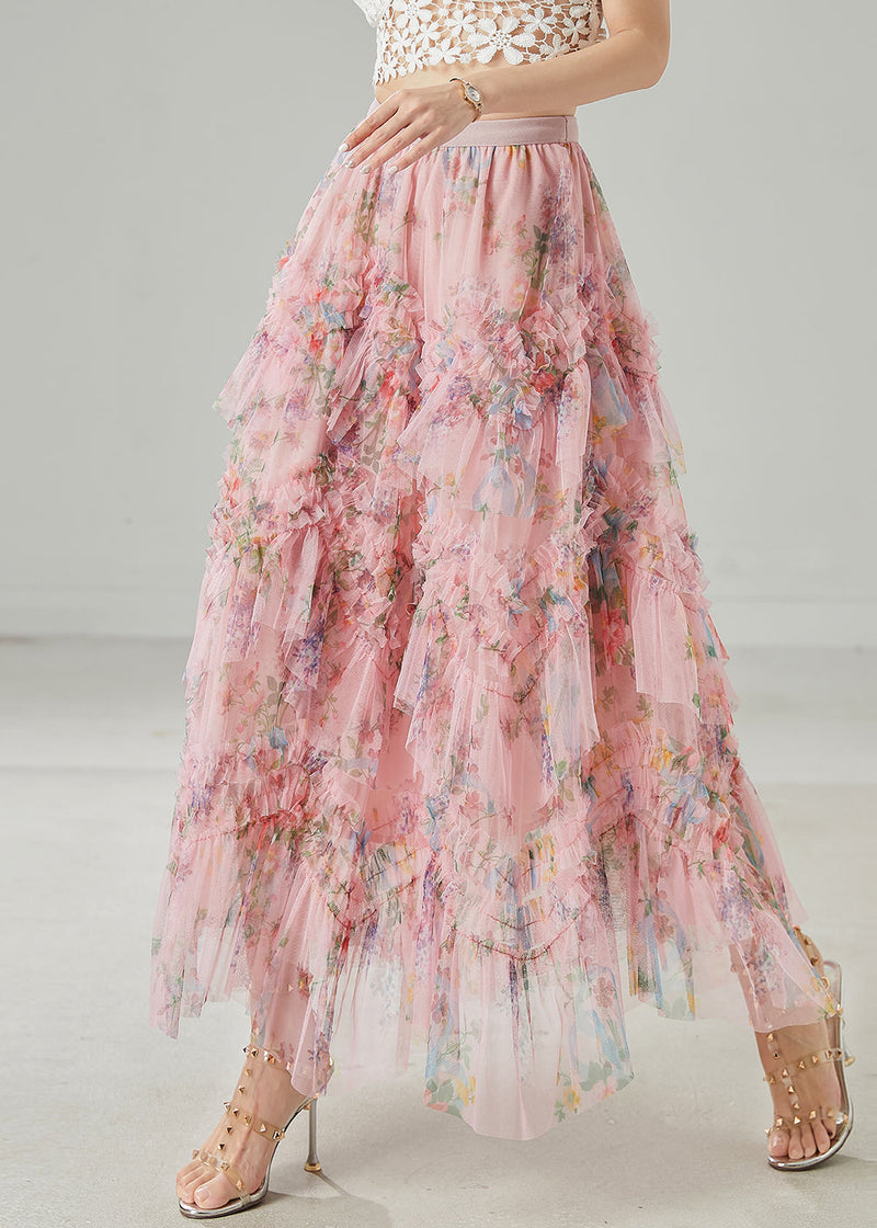 Pink Ruffled Print Tulle Holiday Skirt Summer