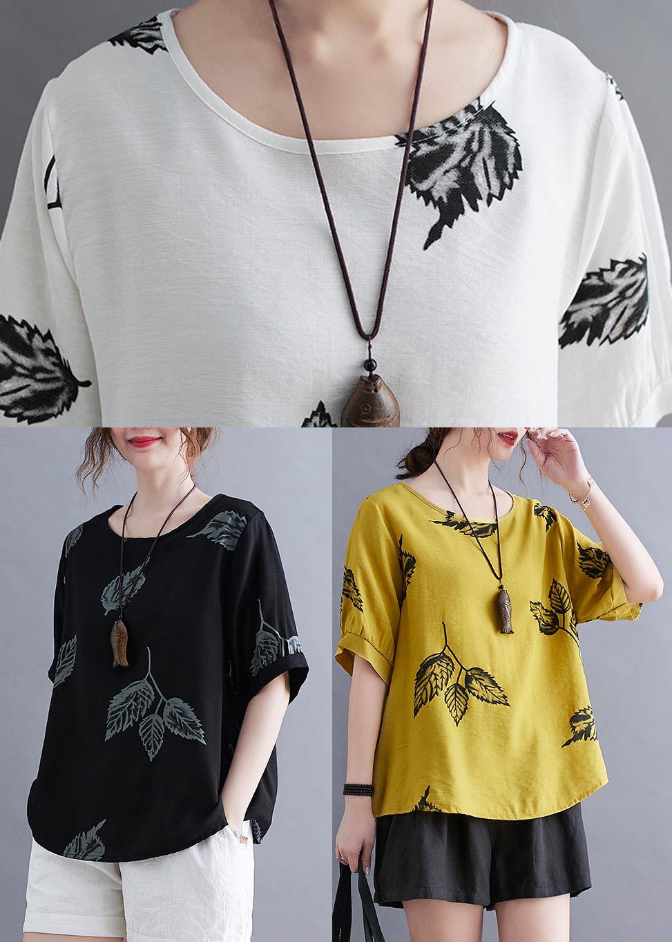 White Print Leaf Shirt Tops Summer Cotton Linen