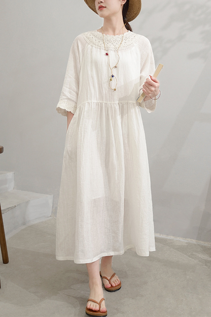 Summer Sand Washed Linen Lace Panel Dress