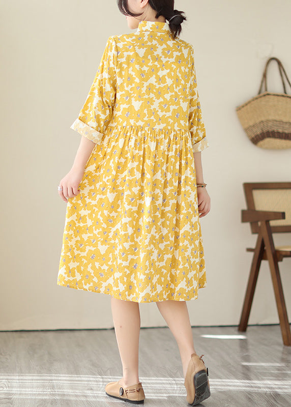 Yellow Peter Pan Collar Print Cotton Shirts Dresses Fall