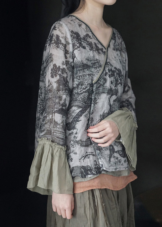 Grey V Neck Print Linen Shirt Tops Spring