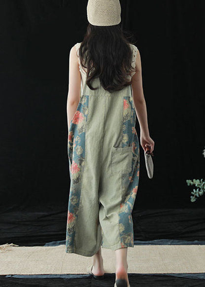 Blue Pockets Patchwork Print Cotton Denim Wide Leg Pants Jumpsuit Summer