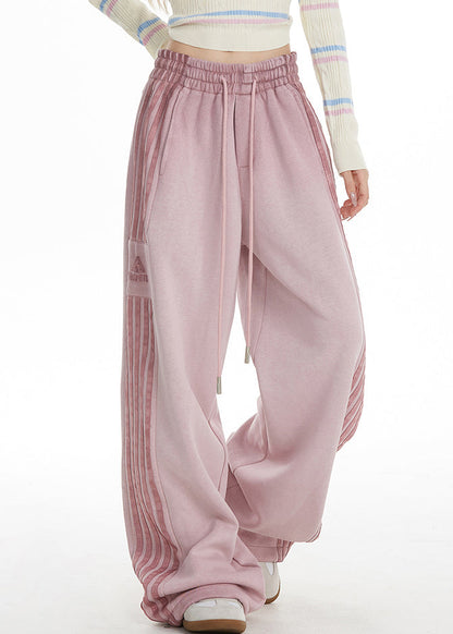 Pink Striped Elastic Waist Wide Leg Pants Spring