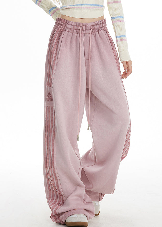 Pink Striped Elastic Waist Wide Leg Pants Spring