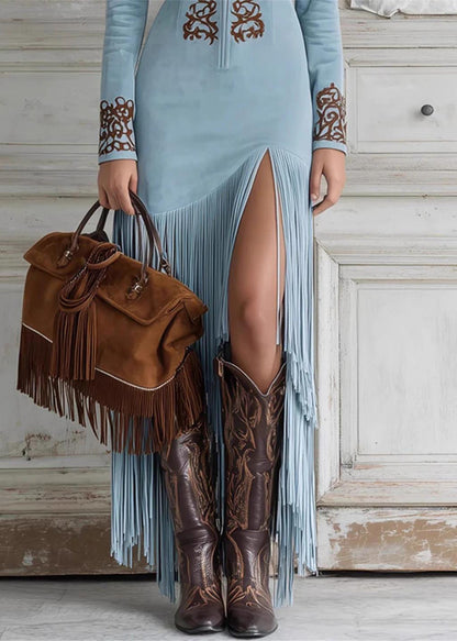 Blue Tassel Patchwork Faux Suede Dresses Spring