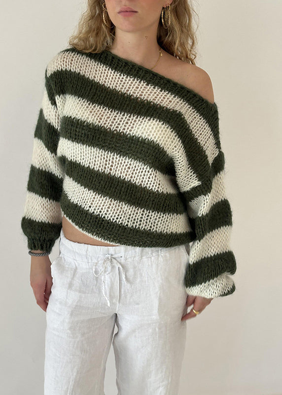 Loose Blue O Neck Striped Cozy Knit Sweater Fall