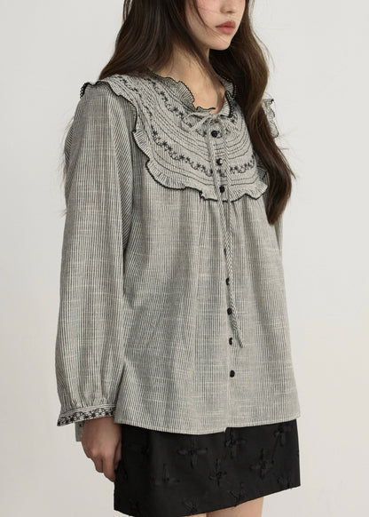 Art Striped Embroidered Lace Up Cotton Blouses Spring
