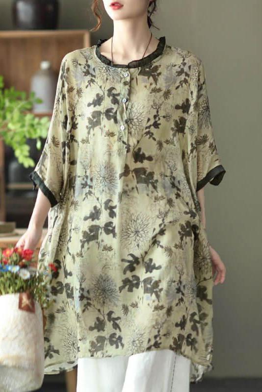 Ramie Print O-neck Loose Shirt