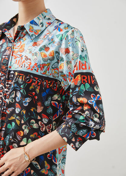 Black Peter Pan Collar Butterfly Silk Shirts Summer
