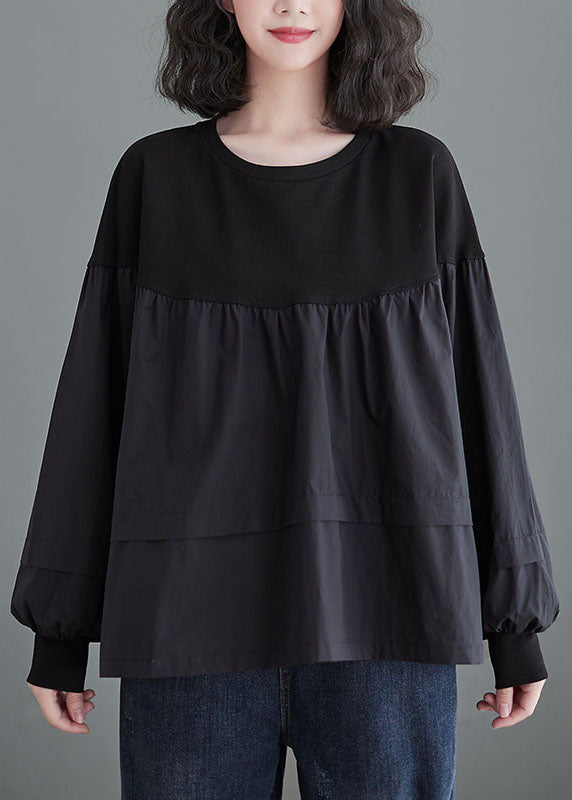 Black O Neck Patchwork Cotton Shirt Tops Spring