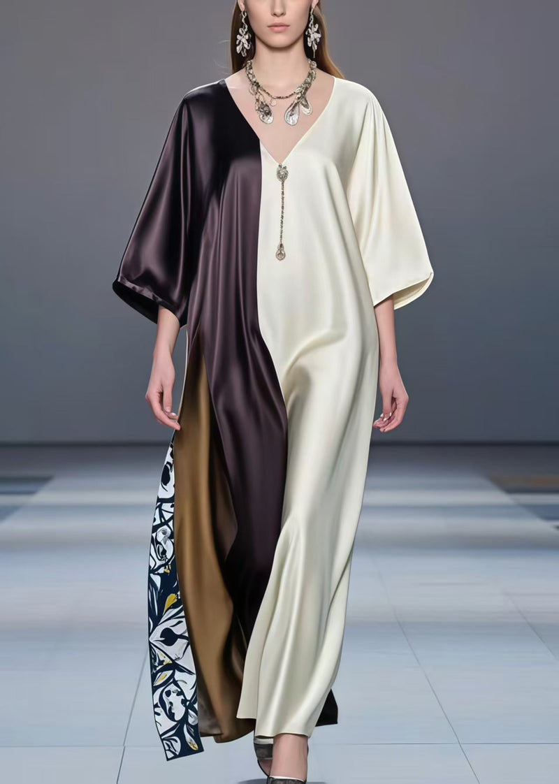 Fitted Colorblock Oversized Patchwork Silk Dresses Half Sleeve