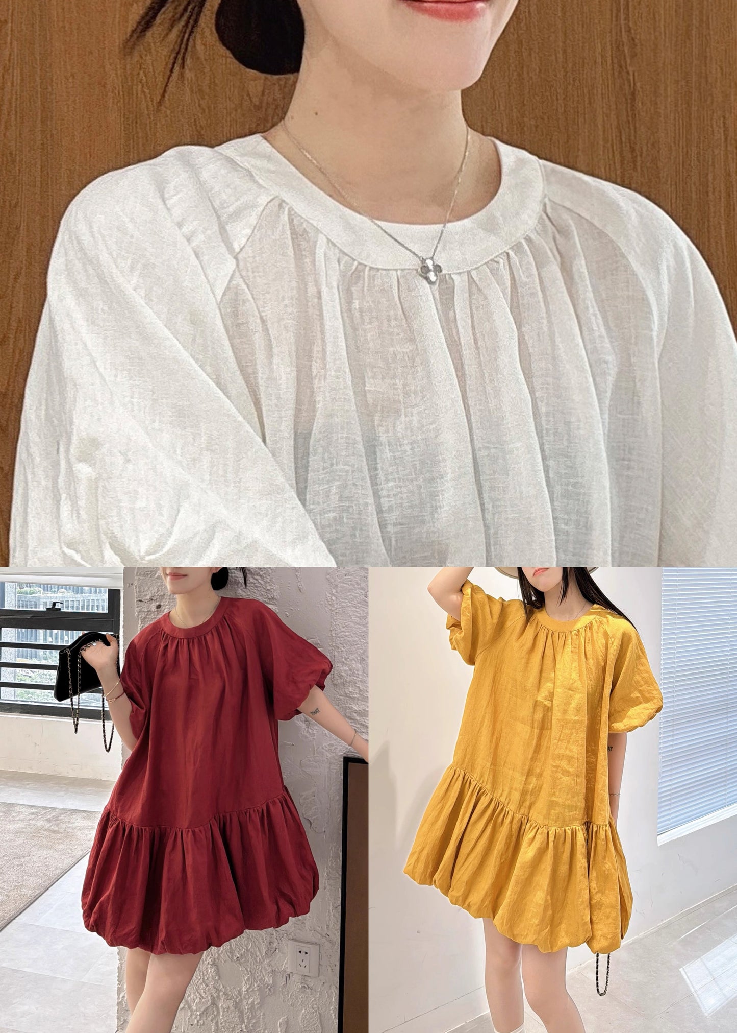 Loose Yellow O Neck Wrinkled Linen Mid Dress Summer
