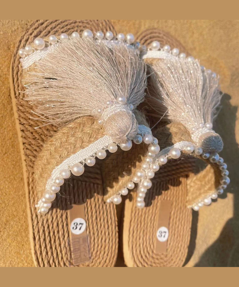 Style Tassel Grass Woven Beach Flat Slide Sandals