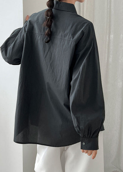 Dull Grey Cotton Loose Shirts Peter Pan Collar Spring