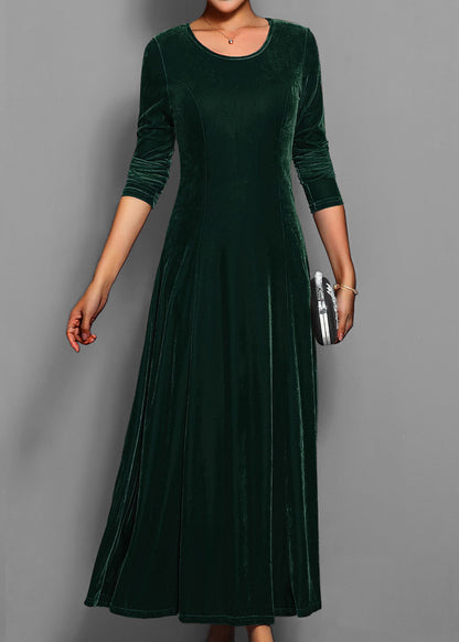 Classy Blue O Neck Slim Fit Velvet Long Dress Fall