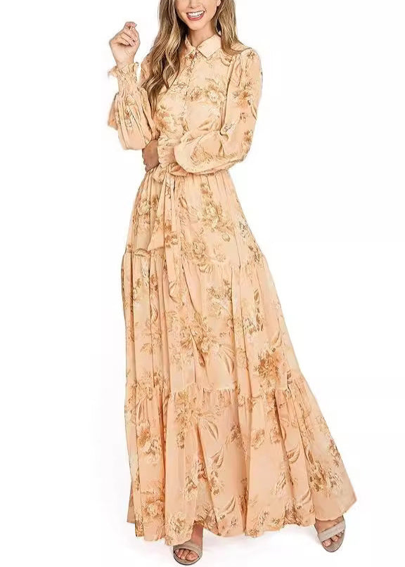 Orange Button Print Cotton Maxi Dresses Long Sleeve