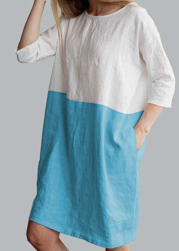Loose Grey O Neck Patchwork Cotton Mid Dress Bracelet Sleeve