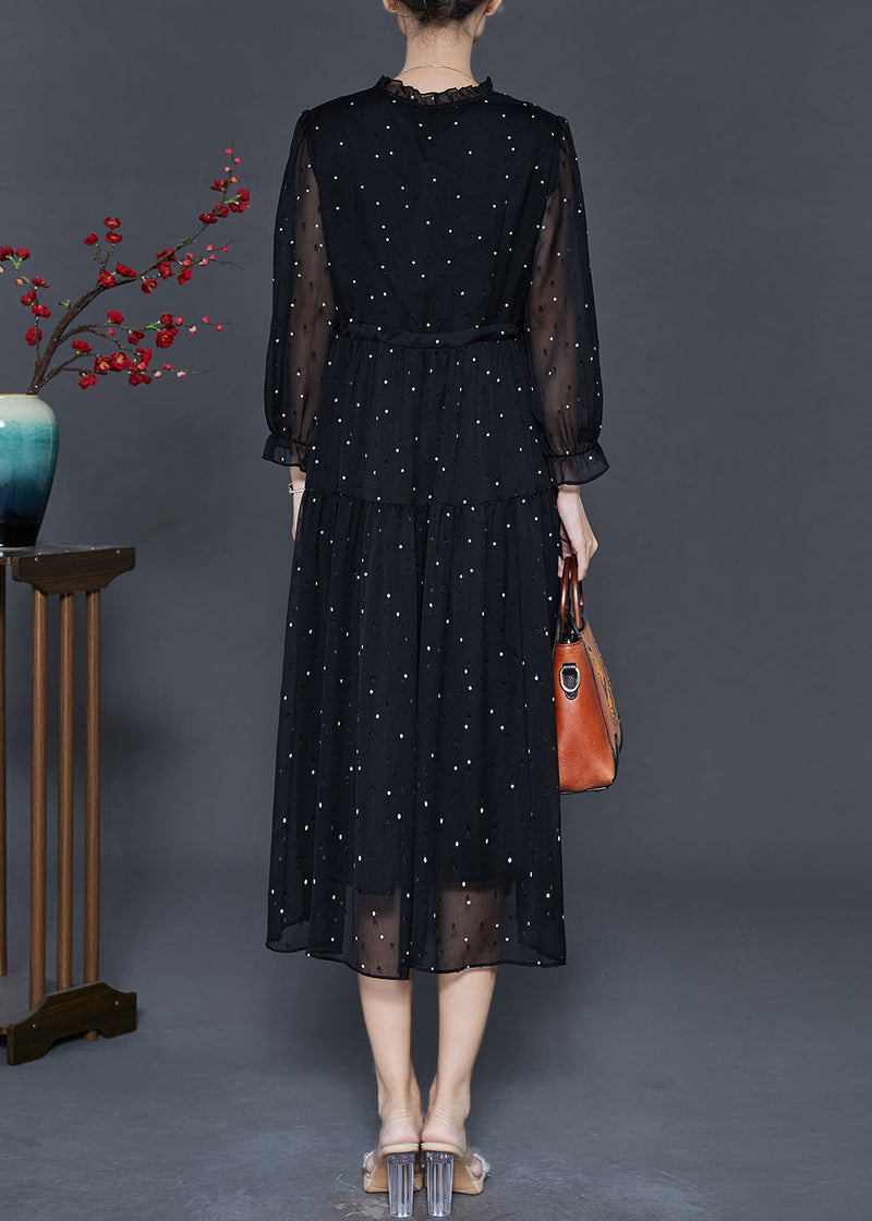 Black Tie Waist Dot Chiffon Long Dress Fall