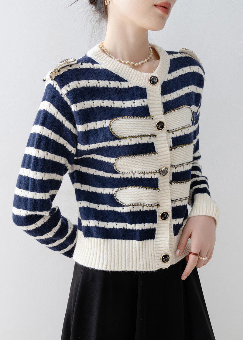 Navy O-neck Striped Knit Cardigan Spring