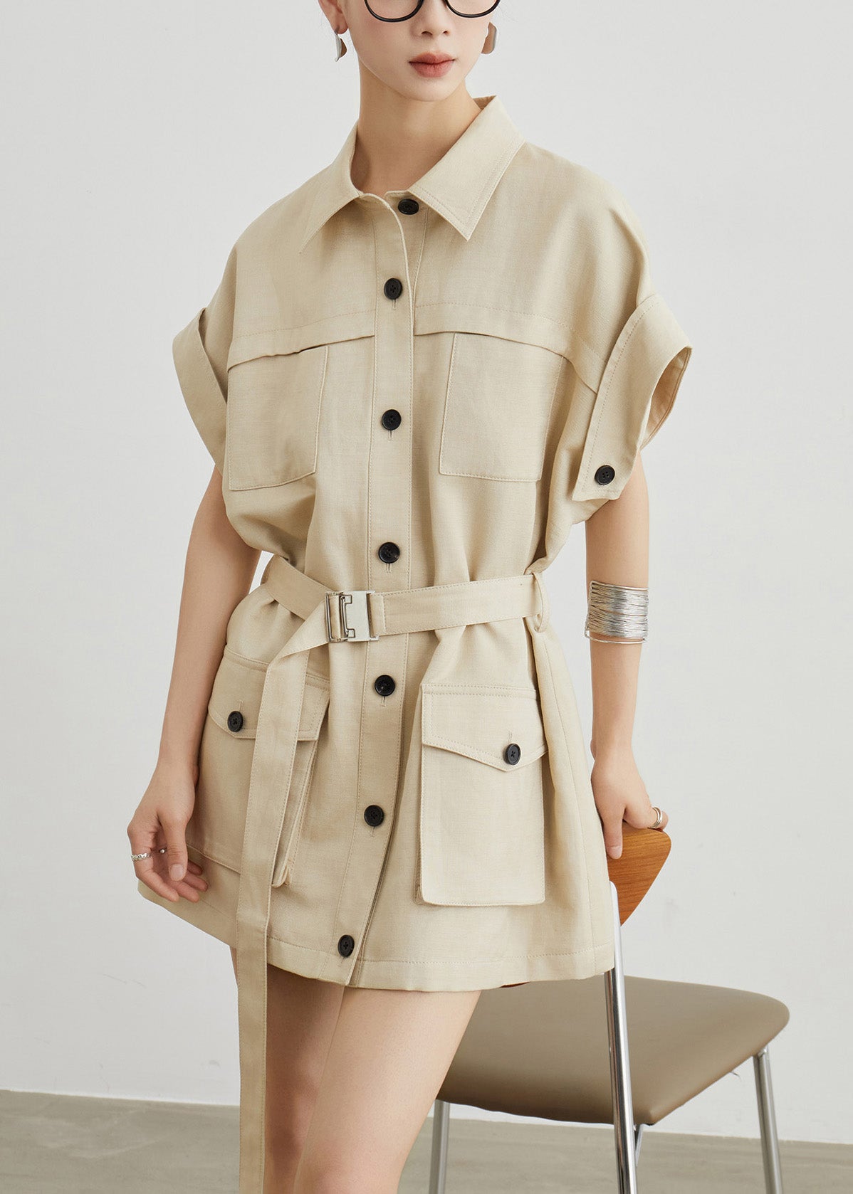 Khaki Peter Pan Collar Pockets Sashes Cotton T Shirts Dresses Summer