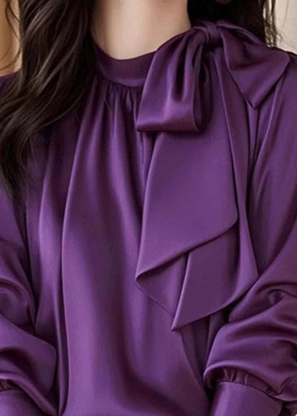 Slim Fit Purple Lace Up Silk Blouses Fall