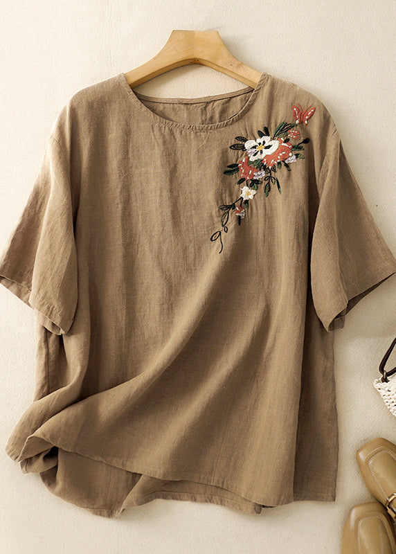 Khaki O Neck Embroidered Linen T Shirts Summer
