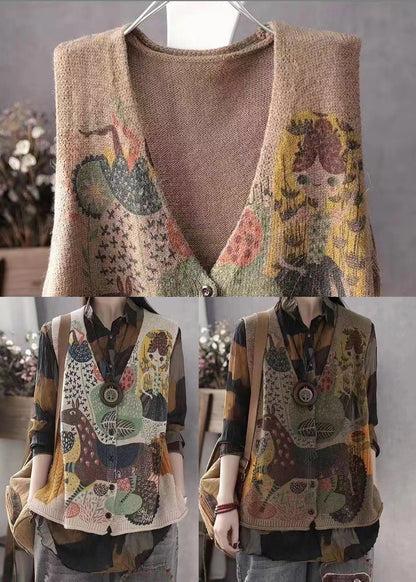 Beige Print Knit Vests Spring