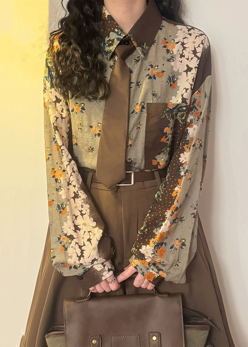 Green Print Button Pockets Cotton Blouses Spring