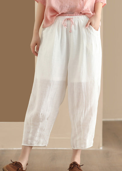 Blue Pockets Elastic Waist Linen Harem Pants Summer