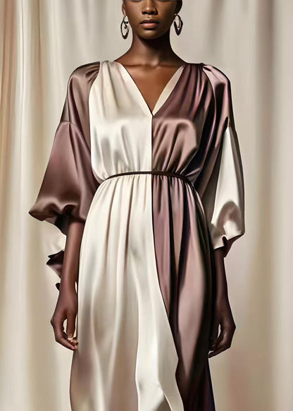 Colorblock V Neck Patchwork Silk Mid Dresses Summer