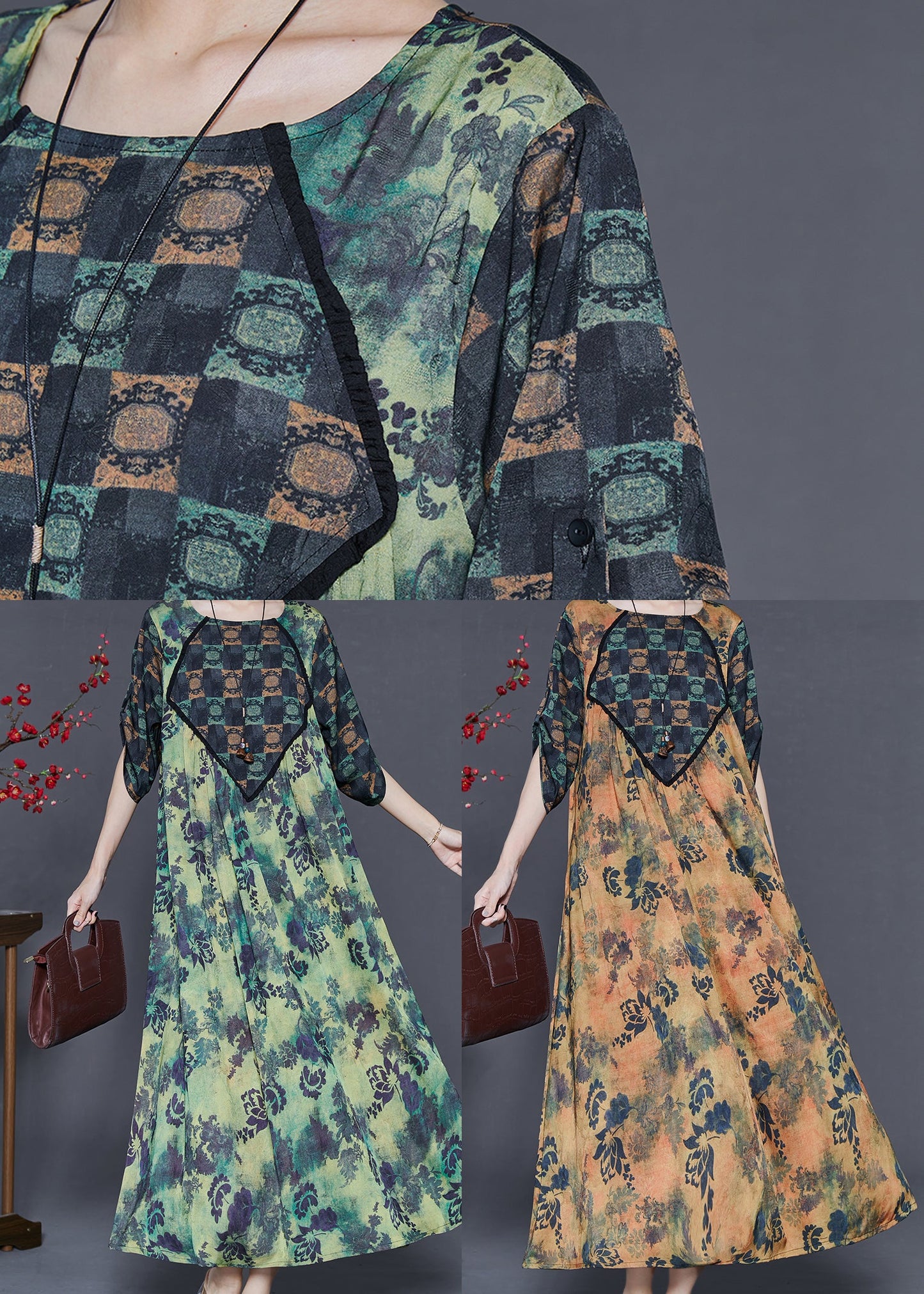 Khaki Print Silk Holiday Dress Oversized Spring