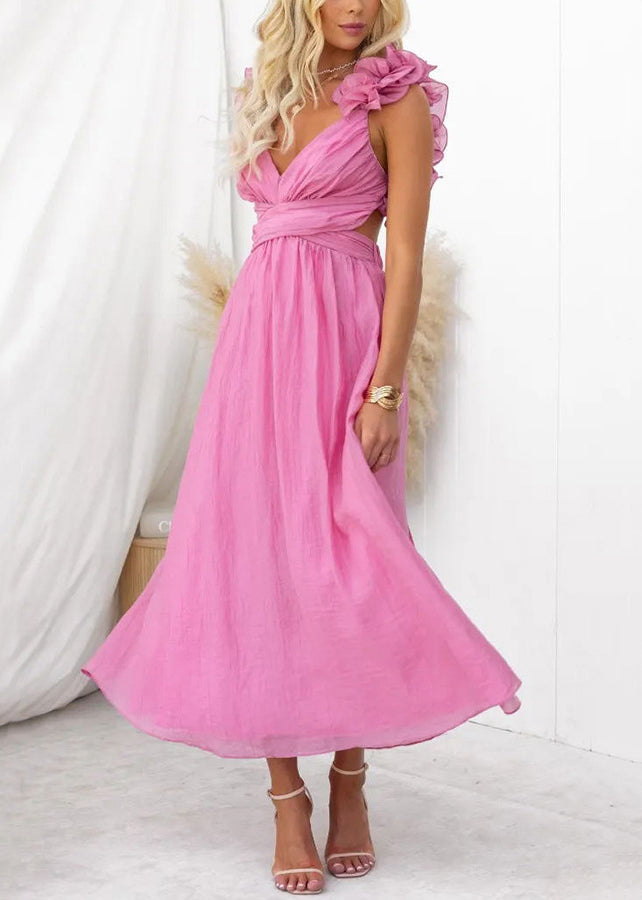 Pink V Neck Lace Up Cotton Long Dress Sleeveless