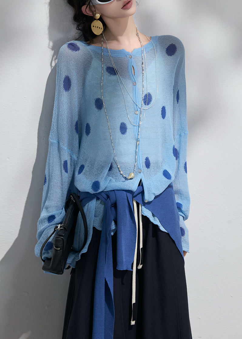 Classy Blue Oversized Print Knit Upf 50+cardigans Spring
