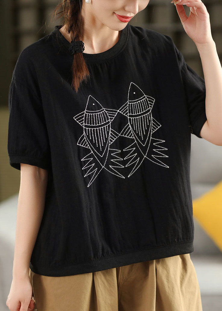 White O Neck Embroidered Loose Linen T Shirts Summer