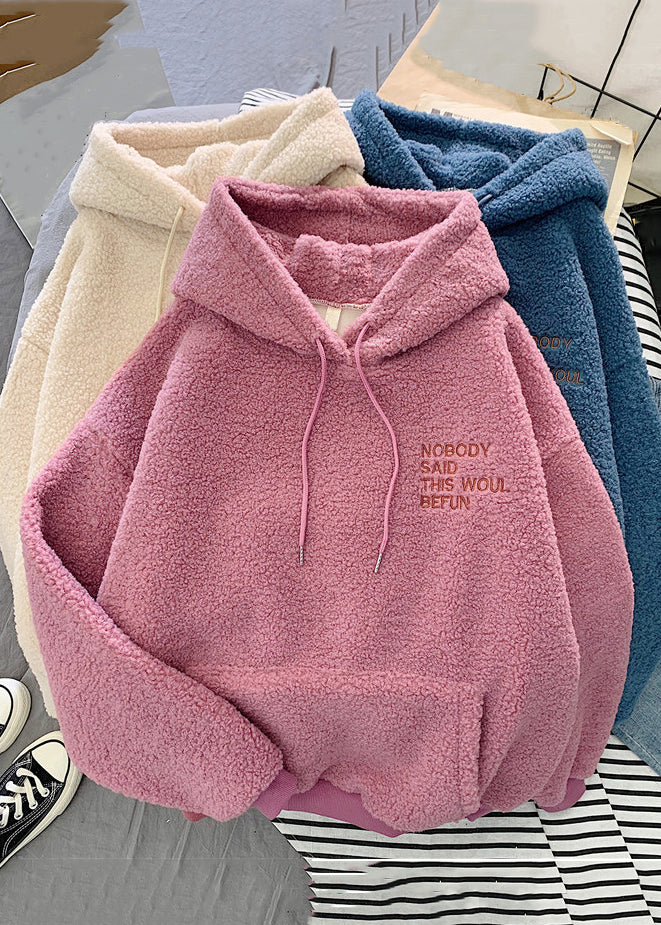 Pink Hooded Letter Pockets Teddy Faux Fur Sweatshirt Spring