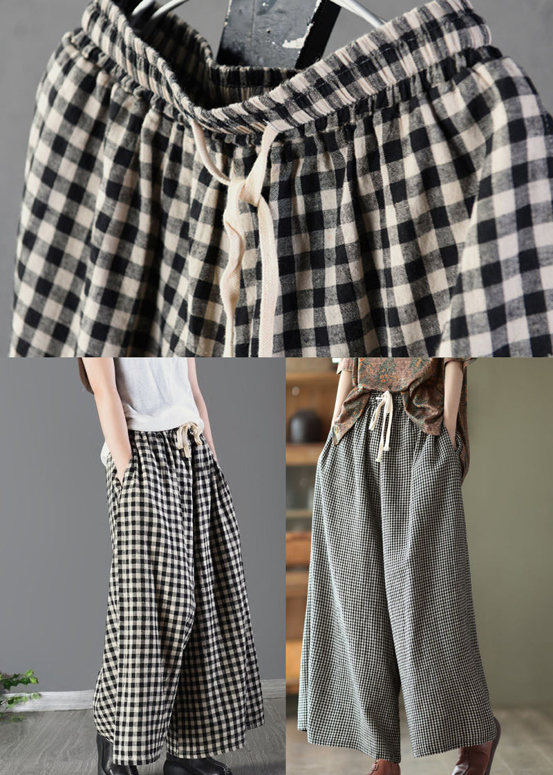 Large Plaid Elastic Waist Linen Wide Leg Pants Summer
