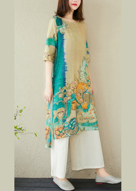 Green Oversized Print Linen Dress Summer