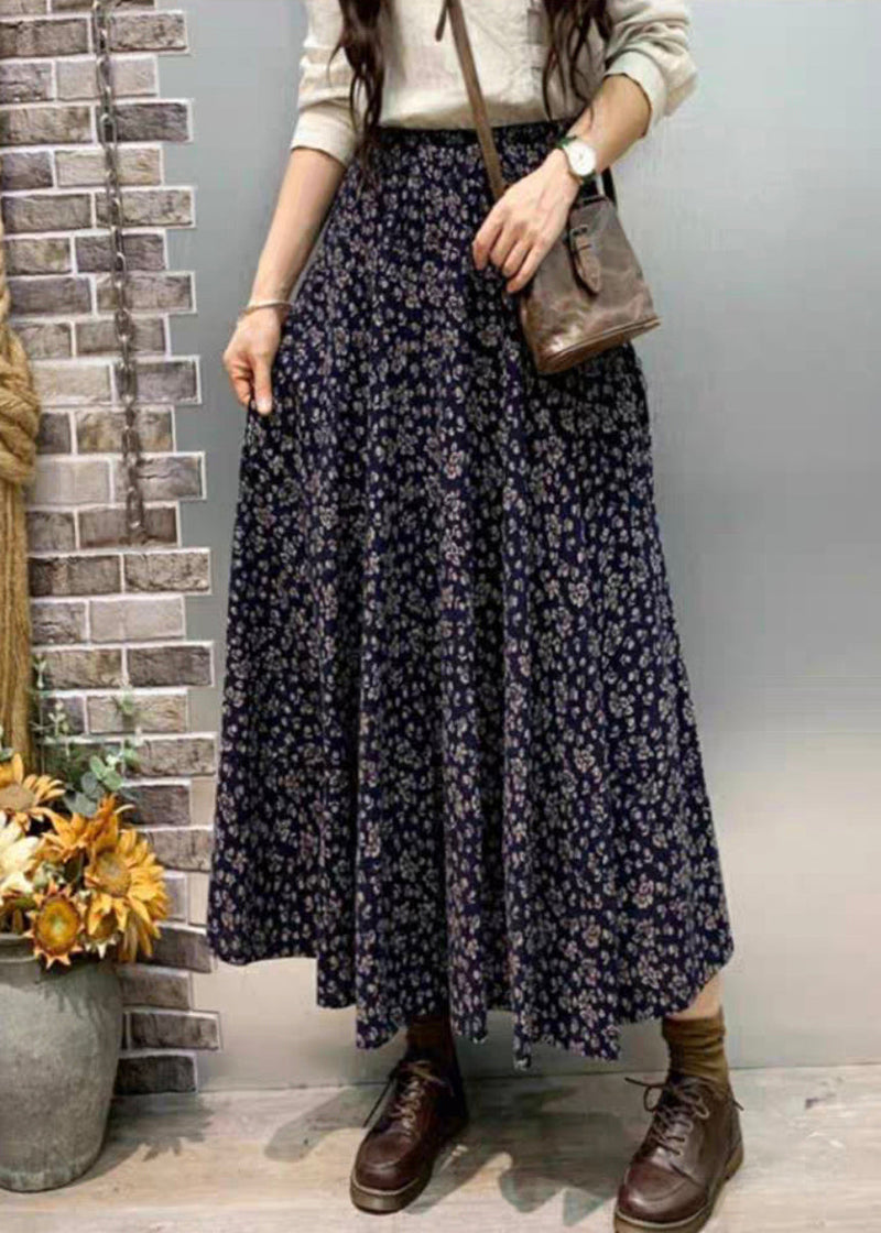 Navy Pockets Elastic Waist Cotton Skirt Fall