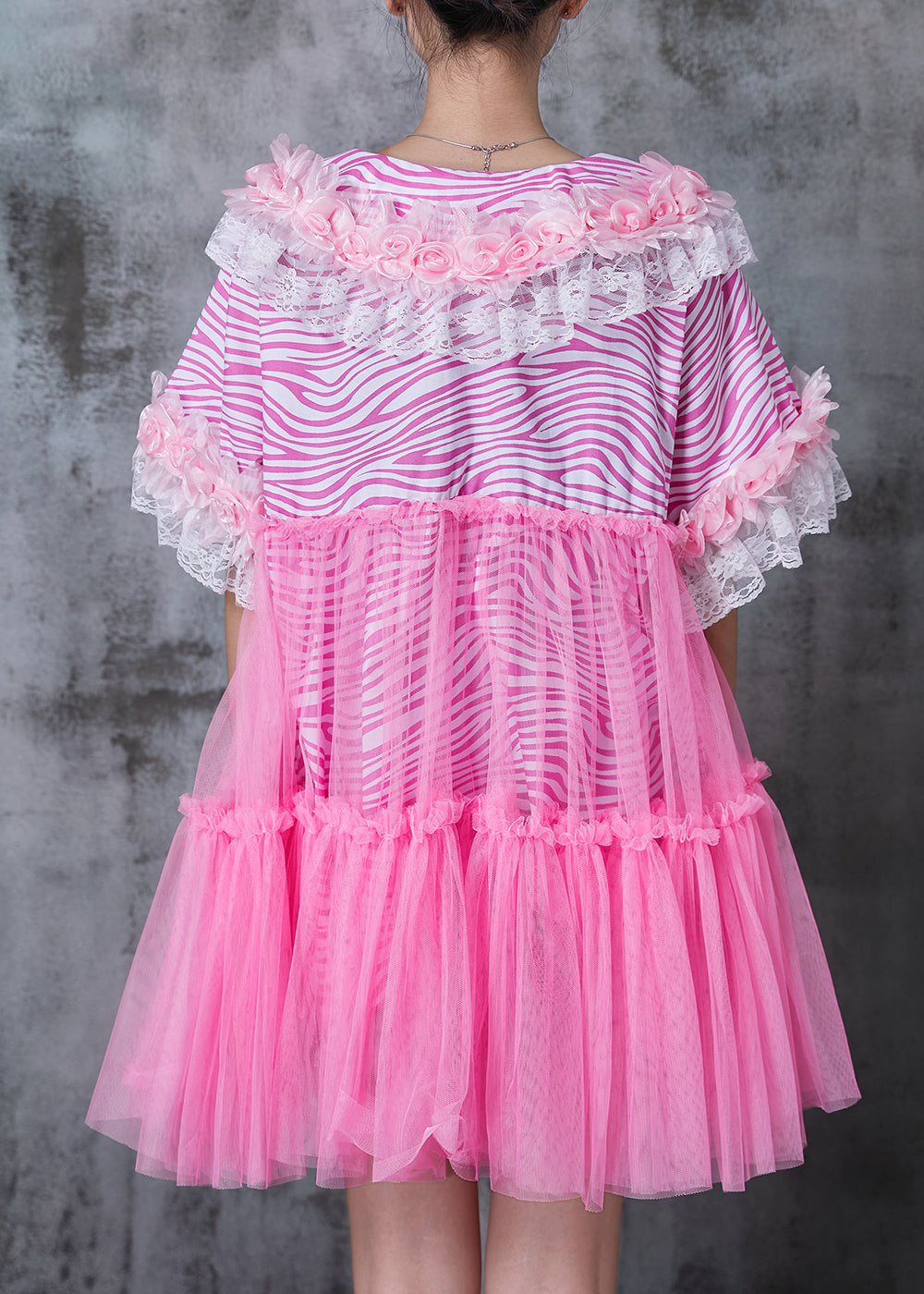 Pink Striped Patchwork Tulle Mini Dress Summer
