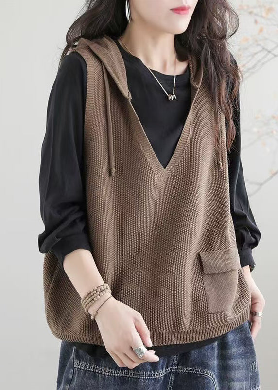Khaki V Neck Hooded Knit Vest Sleeveless