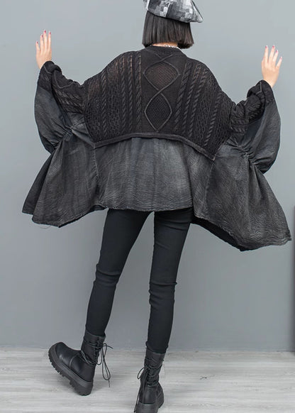 Black V Neck Patchwork Knit Sweater Batwing Sleeve