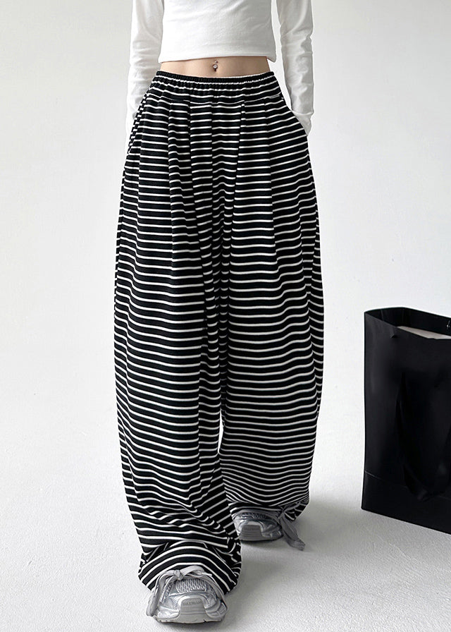 Black White Striped Elastic Waist Wide Leg Pants Spring
