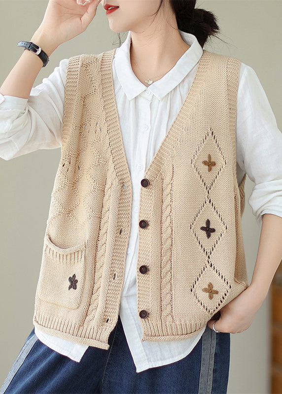 Versatile Beige V Neck Embroideried Knit Vest Fall